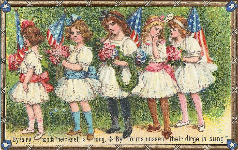 Victorian postcard of girls with flags and flowers, verse below — vintage postcard