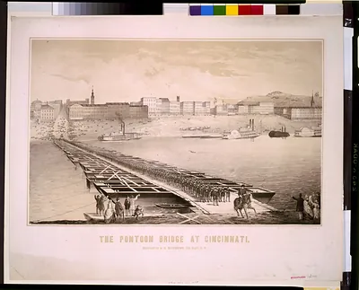 The pontoon bridge at Cincinnati / sketched by A.E. Mathews, 31st Reg't, O. V. ; Middleton, Strobridge & Co. Lith. Cin. O.