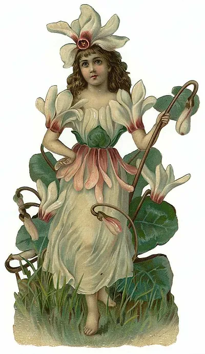 Girl in cyclamen flower costume, die-cut fairy scrap