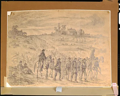 The battle of Gettysburg--Prisoners belonging to Gen. Longstreet's Corps captured by Union troops, marching to the rear under guard / E.F.