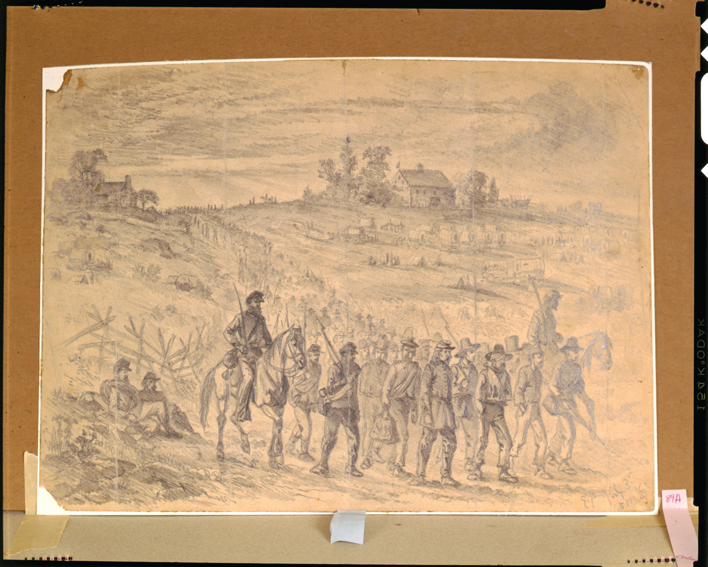 The battle of Gettysburg--Prisoners belonging to Gen. Longstreet's Corps captured by Union troops, marching to the rear under guard / E.F., [18]63 July 3. — historic drawing