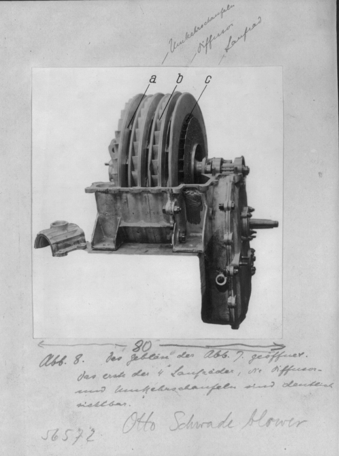 [Airplane and blower made by the Otto Schwade firm in Erfurt: Inside of blower showing diffusor and moving parts], [between 1914 and 1918] — historic photograph