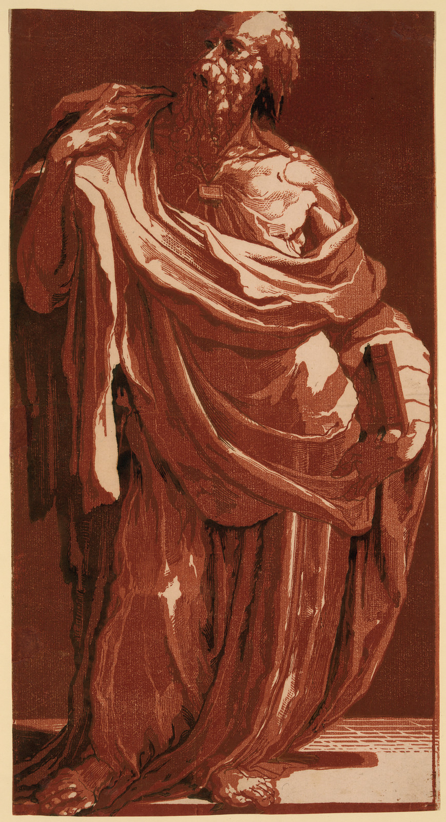 Bearded robed figure holding a book, red chiaroscuro print — historic print