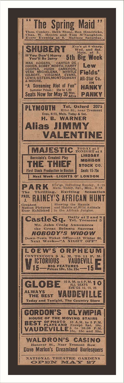 Vintage newspaper theatre advertisements column, Boston entertainments