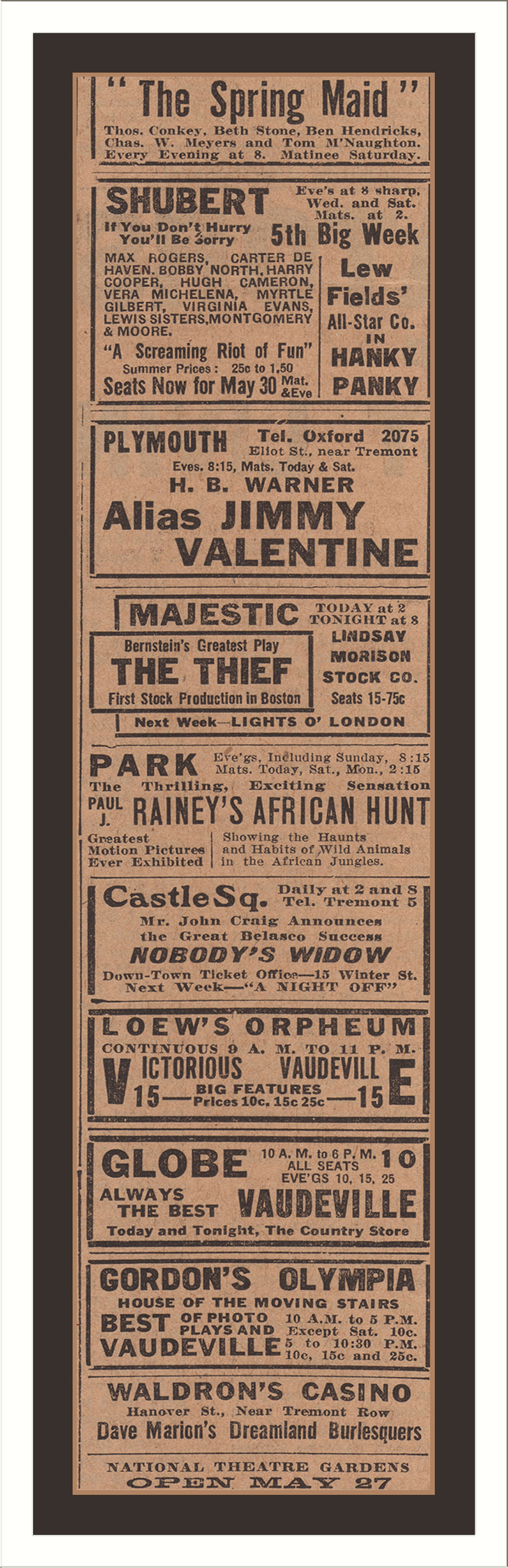 Vintage newspaper theatre advertisements column, Boston entertainments — historic image