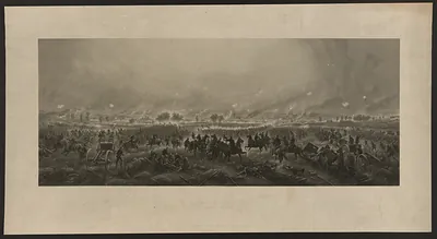 Panoramic battle engraving with cavalry, artillery and smoke