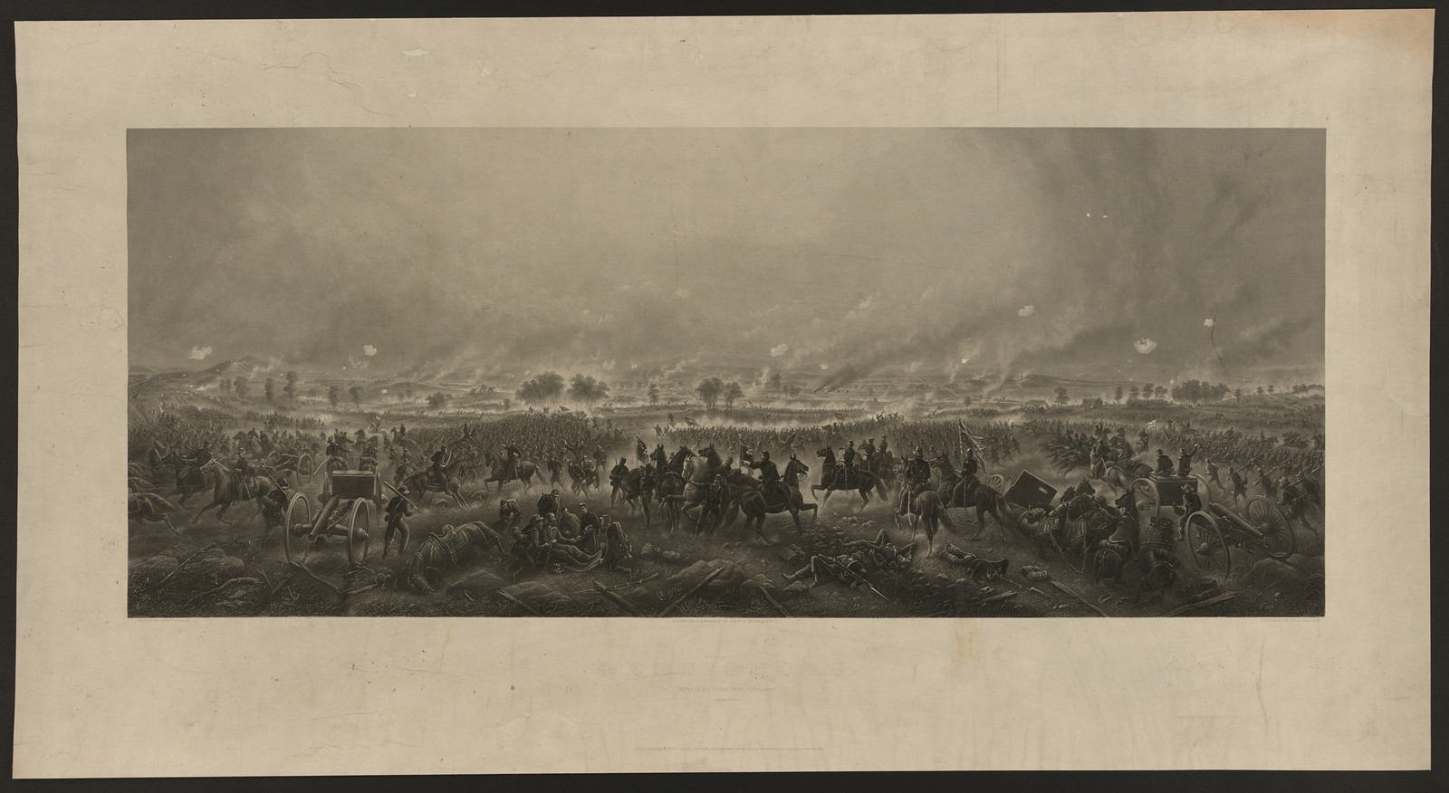 Panoramic battle engraving with cavalry, artillery and smoke — antique engraving
