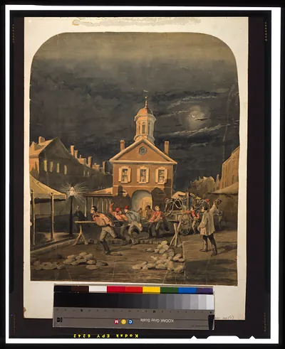 [Firehouse scene showing firemen leaving firehouse pulling a hand-drawn fire engine]