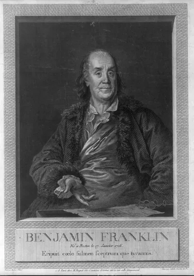 Benjamin Franklin, né à Boston le 17 janvier 1706 - eripuit coelo fulmen sceptrum que tyrannis / peint par Madame Filleul ; gravé par Cahtelin, Graveur du Roi.