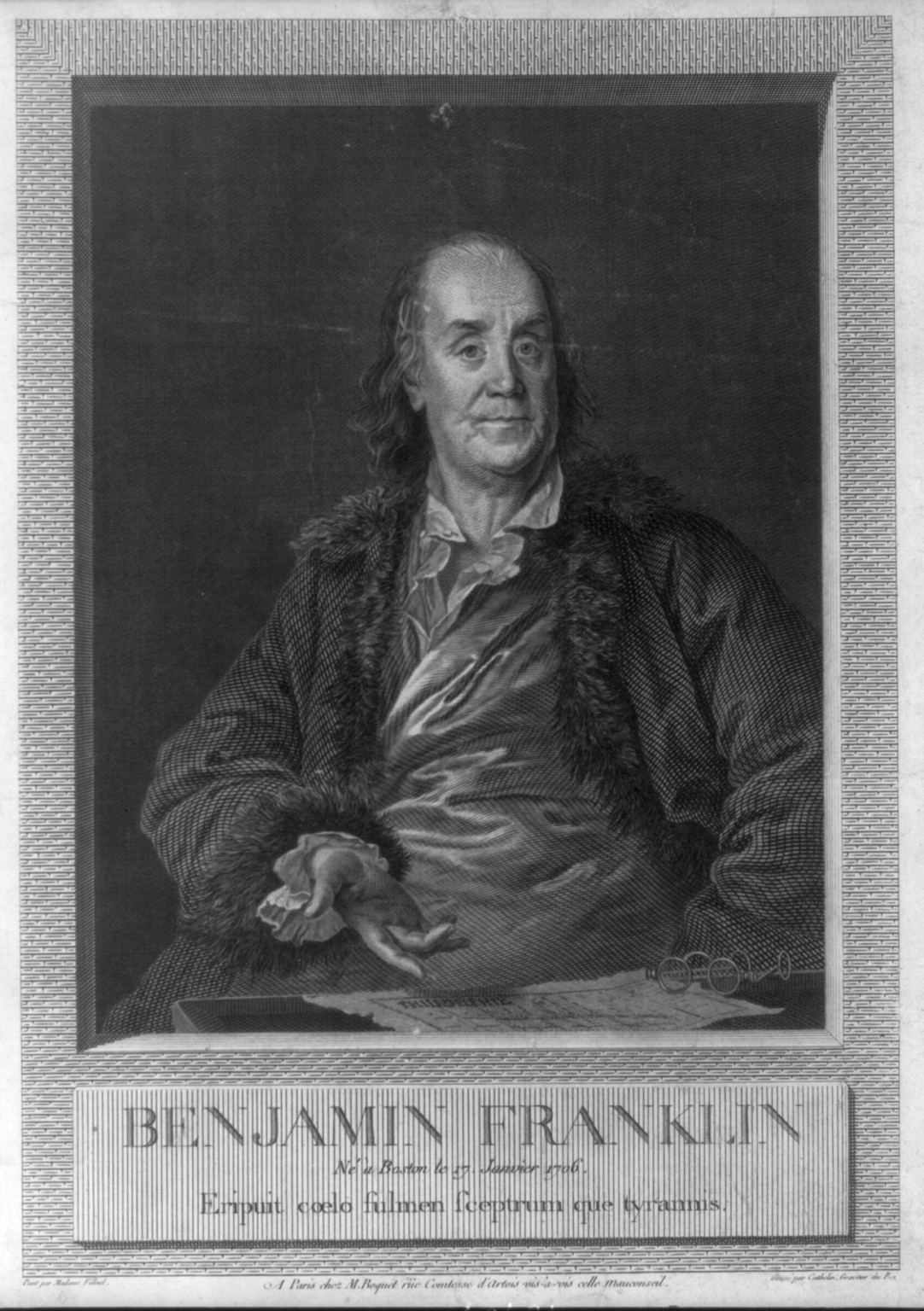 Benjamin Franklin, né à Boston le 17 janvier 1706 - eripuit coelo fulmen sceptrum que tyrannis / peint par Madame Filleul ; gravé par Cahtelin, Graveur du Roi. — antique engraving