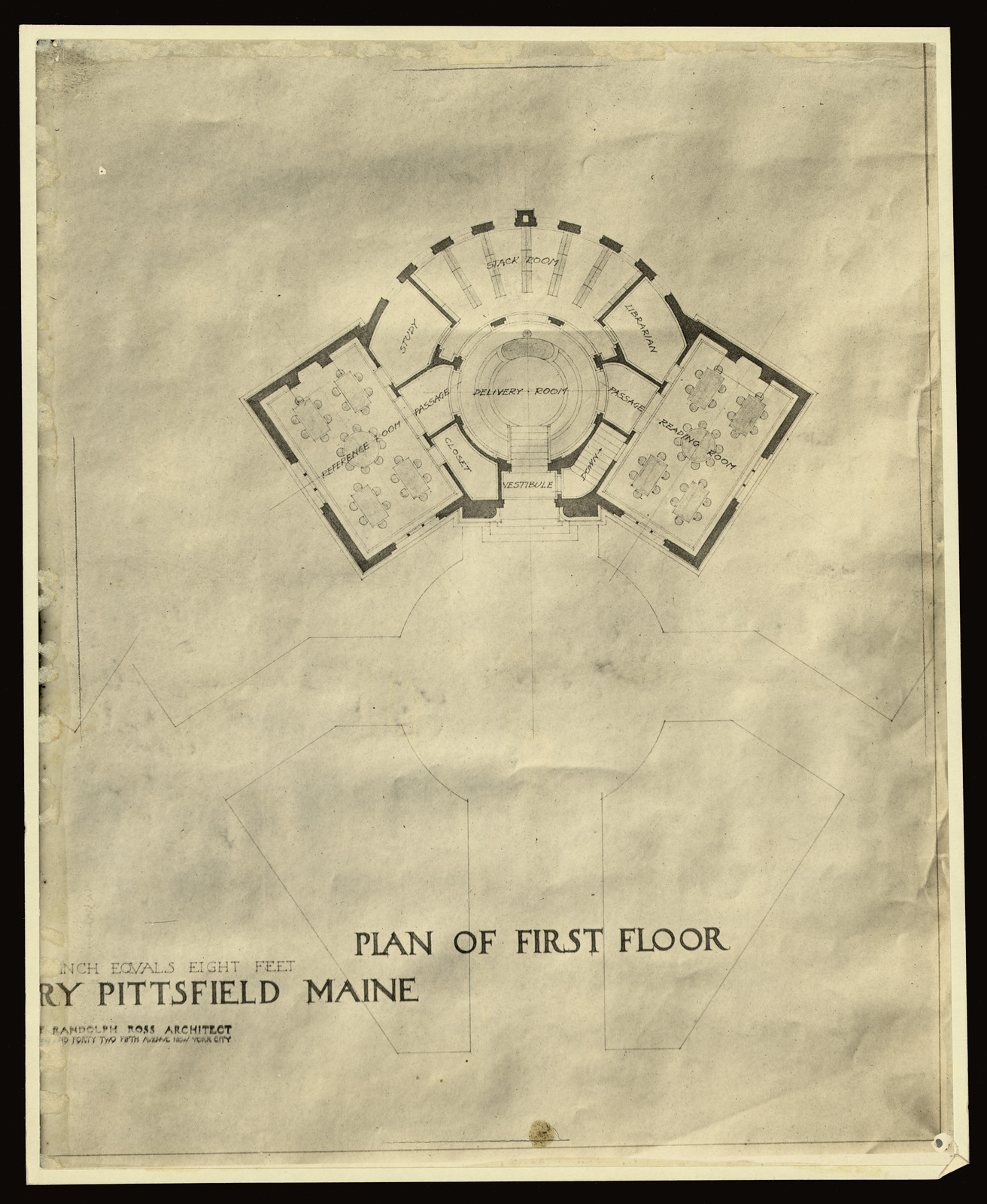Plan of first floor, library, Pittsfield, Maine — historic image