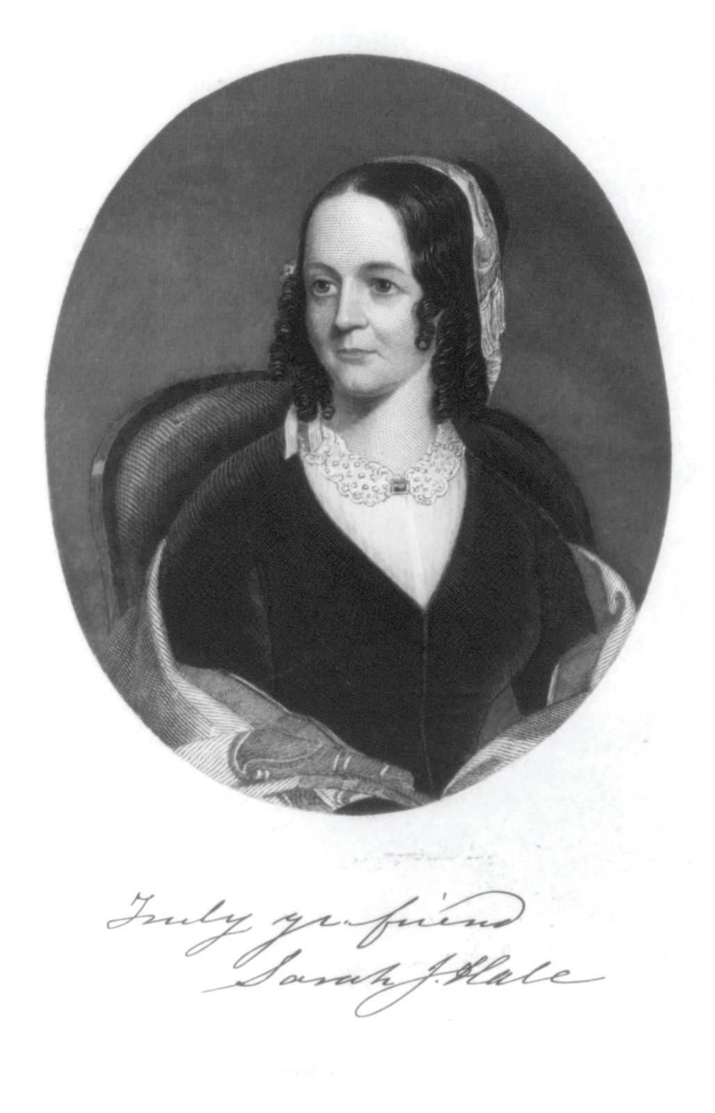 Sarah Josepha (Buell) Hale, 1788-1879, oval, half-length portrait — antique engraving