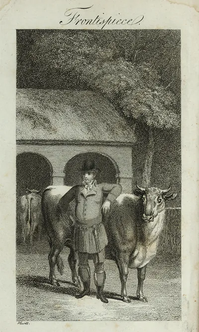 Engraved frontispiece: man with two cattle beside a thatched barn