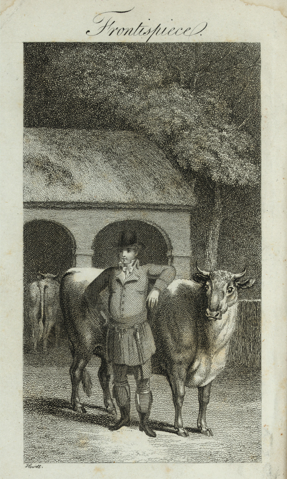 Engraved frontispiece: man with two cattle beside a thatched barn — historic image