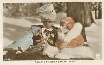 Adolphe Menjou and Kathryn Carver, hand-colored postcard