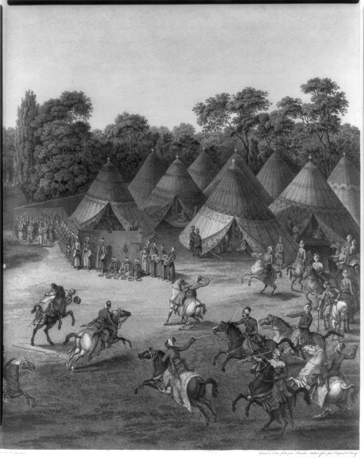 [Horsemen jousting with sticks as entertainment for rulers watching from tent; large group of musicians playing (drums, horns, and cymbals)] — antique engraving