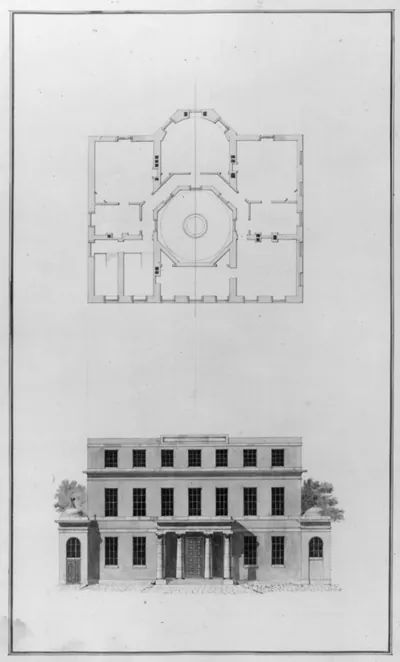 [Houses and a church (Buildings Erected or Proposed to be Built in Virginia"). South front elevation and attic plan]"