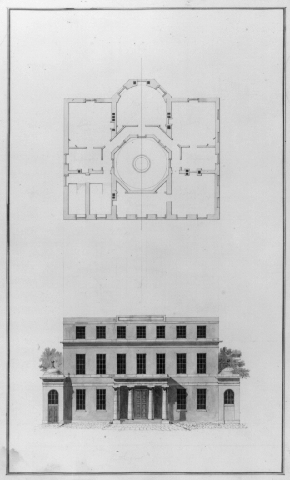 [Houses and a church (Buildings Erected or Proposed to be Built in Virginia"). South front elevation and attic plan]", [between 1795 and 1799] — historic drawing