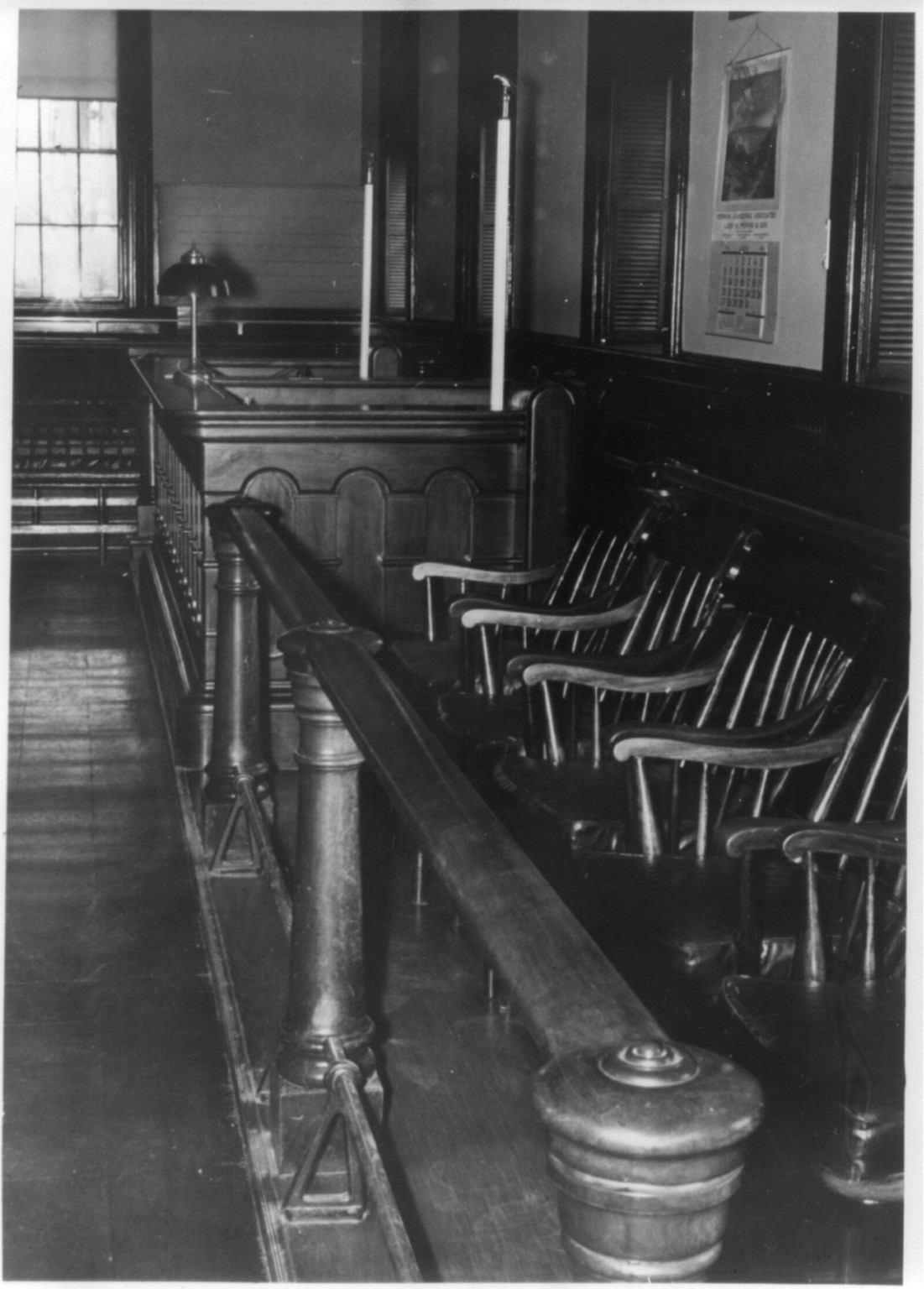 [Plymouth County Court House, Plymouth, Mass.] Jury box and sheriff's desk, 1966 — historic photograph