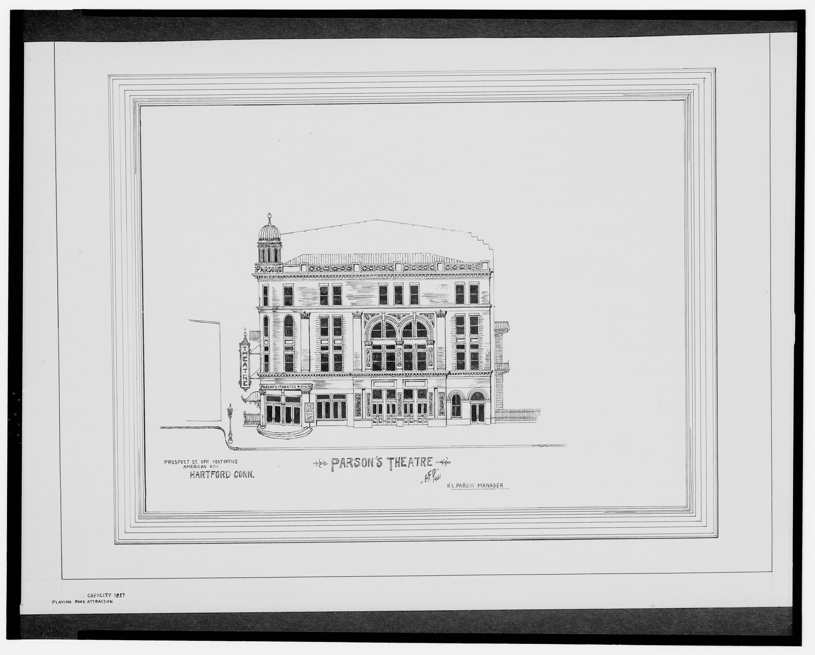 [Parson's Theatre, Prospect St. opposite post office, American Row, Hartford, Connecticut] / AFD 1921., And Engineering (ADE) Drawings — vintage poster
