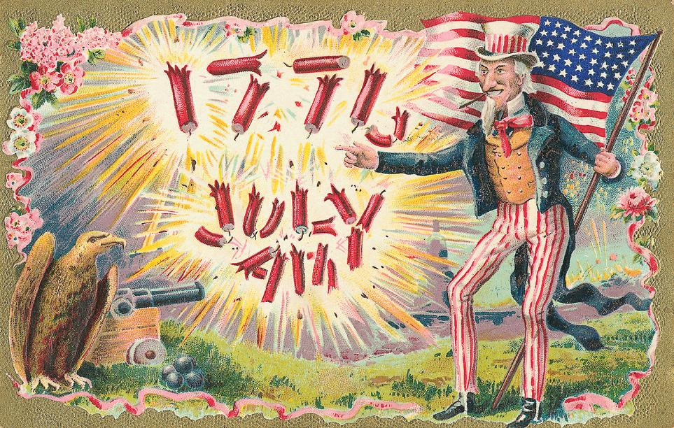 Uncle Sam with firecrackers spelling JULY, eagle and flag — historic image