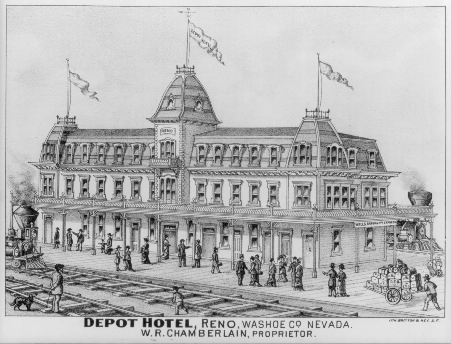Depot Hotel, Reno, Washoe Co., Nevada. W.R. Chamberlain, proprietor [RR depot] — antique lithograph