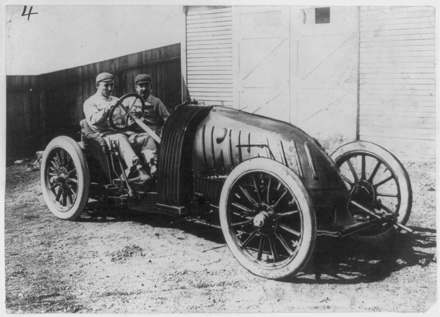 The famous French automobilist [Sisz] in his facing machine, 1906 June 27. — historic photograph