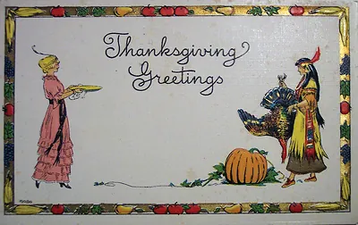 Thanksgiving Greetings postcard with woman, turkey and pumpkin