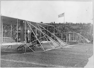 Wright aeroplane on starting track