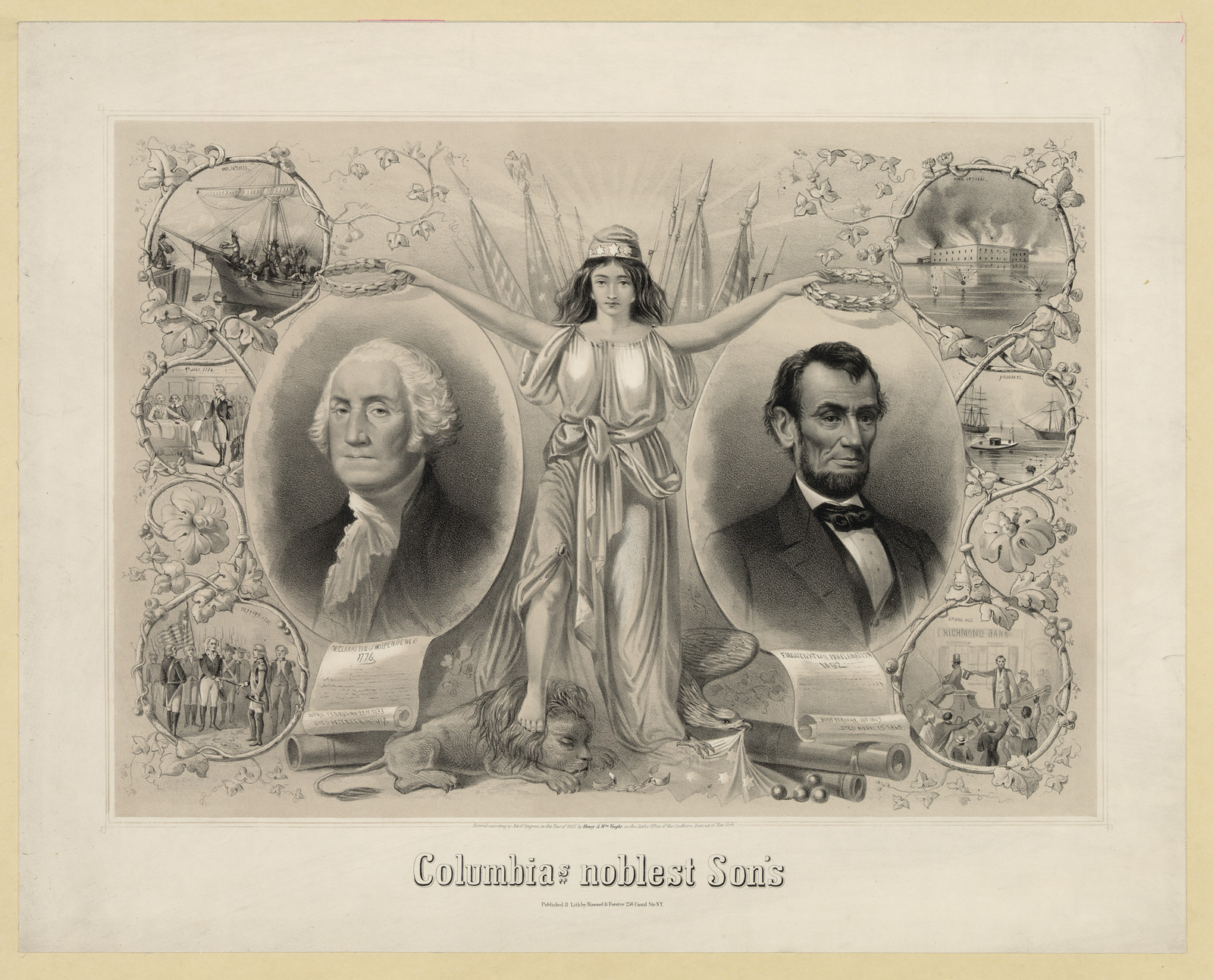 Columbia's Noblest Sons, c. 1865 — antique lithograph
