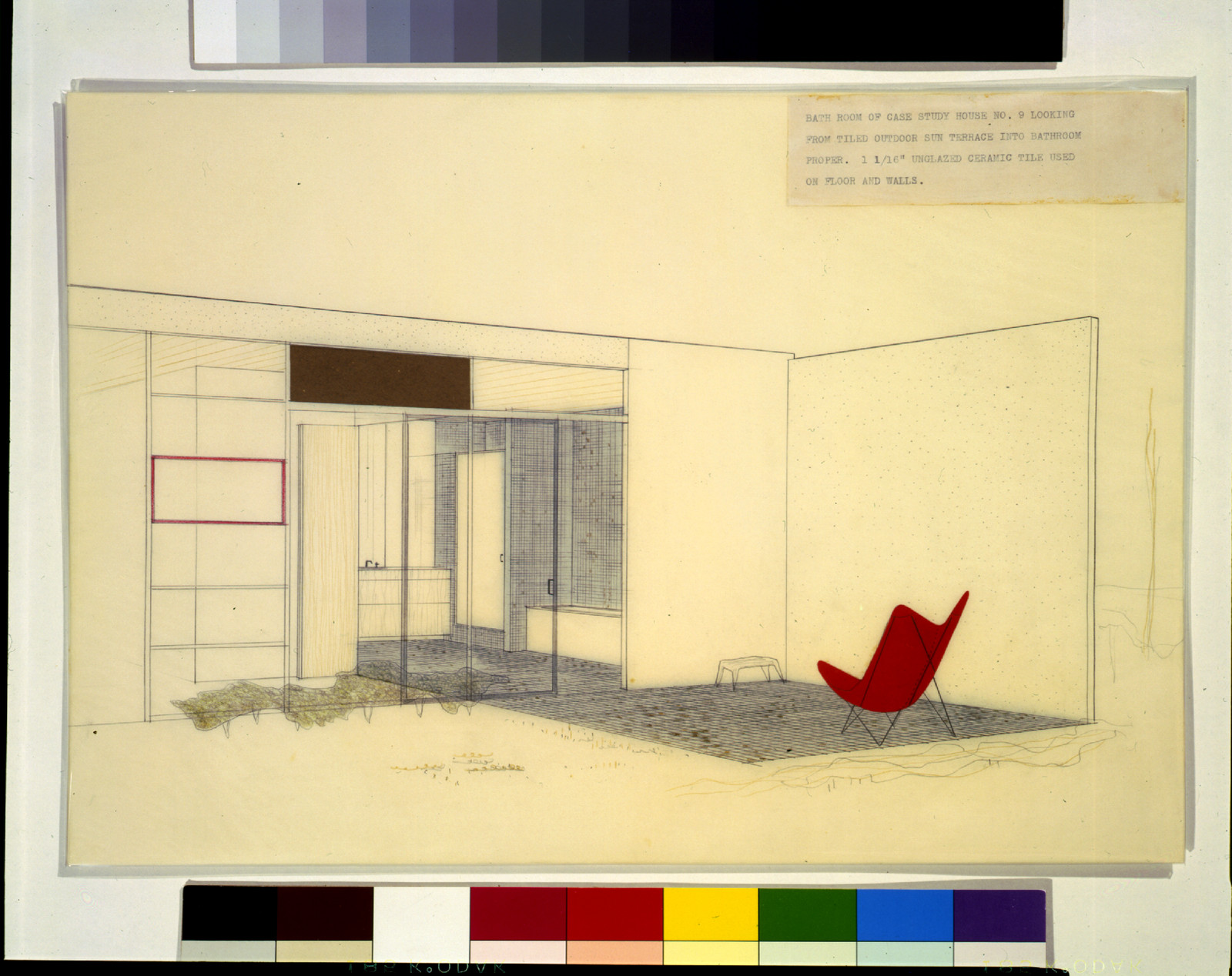 Bathroom of Case Study House No. 9 looking from tiled outdoor sun terrace into bathroom proper. 1 1/16 unglazed ceramic tile used on floor and walls", 1 architectural drawing on tracing paper mounted on board : graphite, colored pencil, with colored paper collage. — historic image
