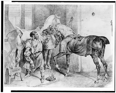 [Blacksmith trying to shoe a horse while another horse interferes]