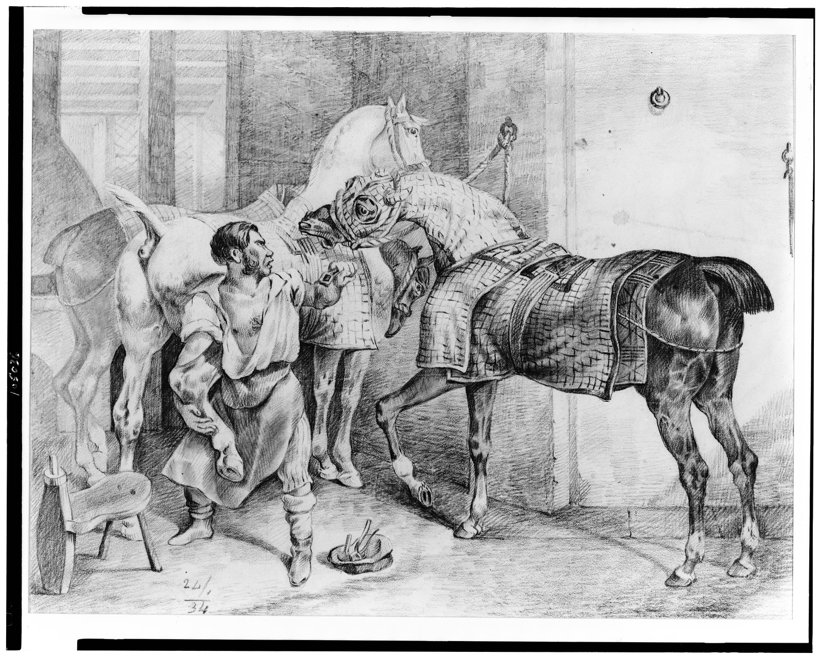 [Blacksmith trying to shoe a horse while another horse interferes], [1834?] — historic drawing