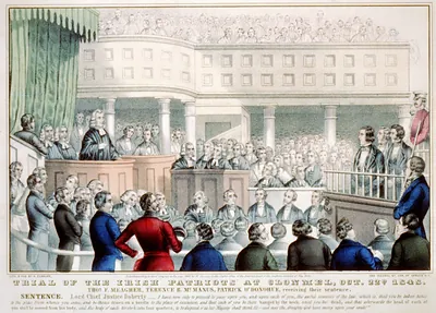 Trial of the Irish patriots at Clonmel, Oct. 22nd. 1848 Thos. F. Meagher, Terence B. Mc.Manus, Patrick O'Donohue, receiving their sentence / lith. & pub. by N. Currier.