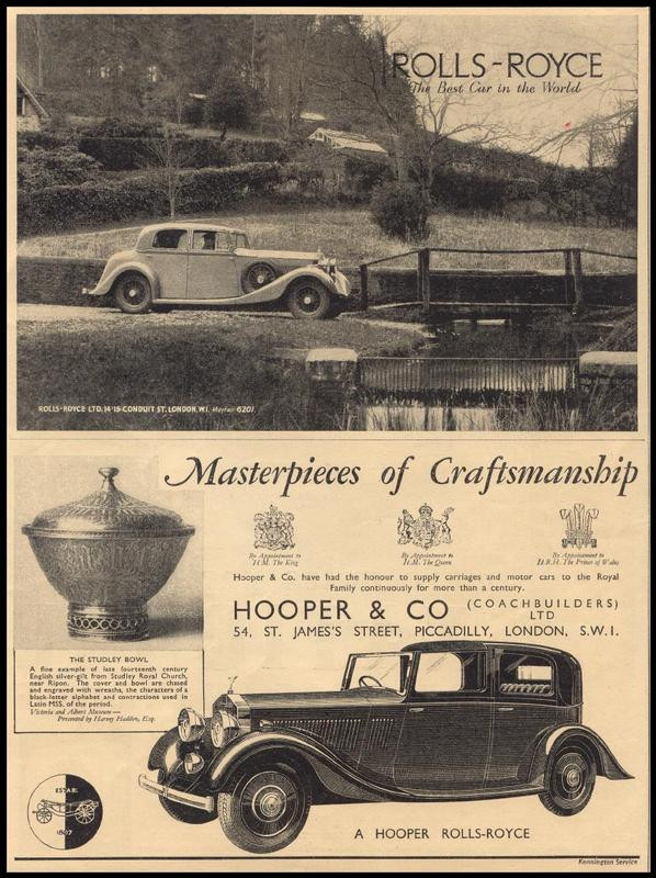 Rolls-Royce and Hooper advertisement with motor cars — historic image