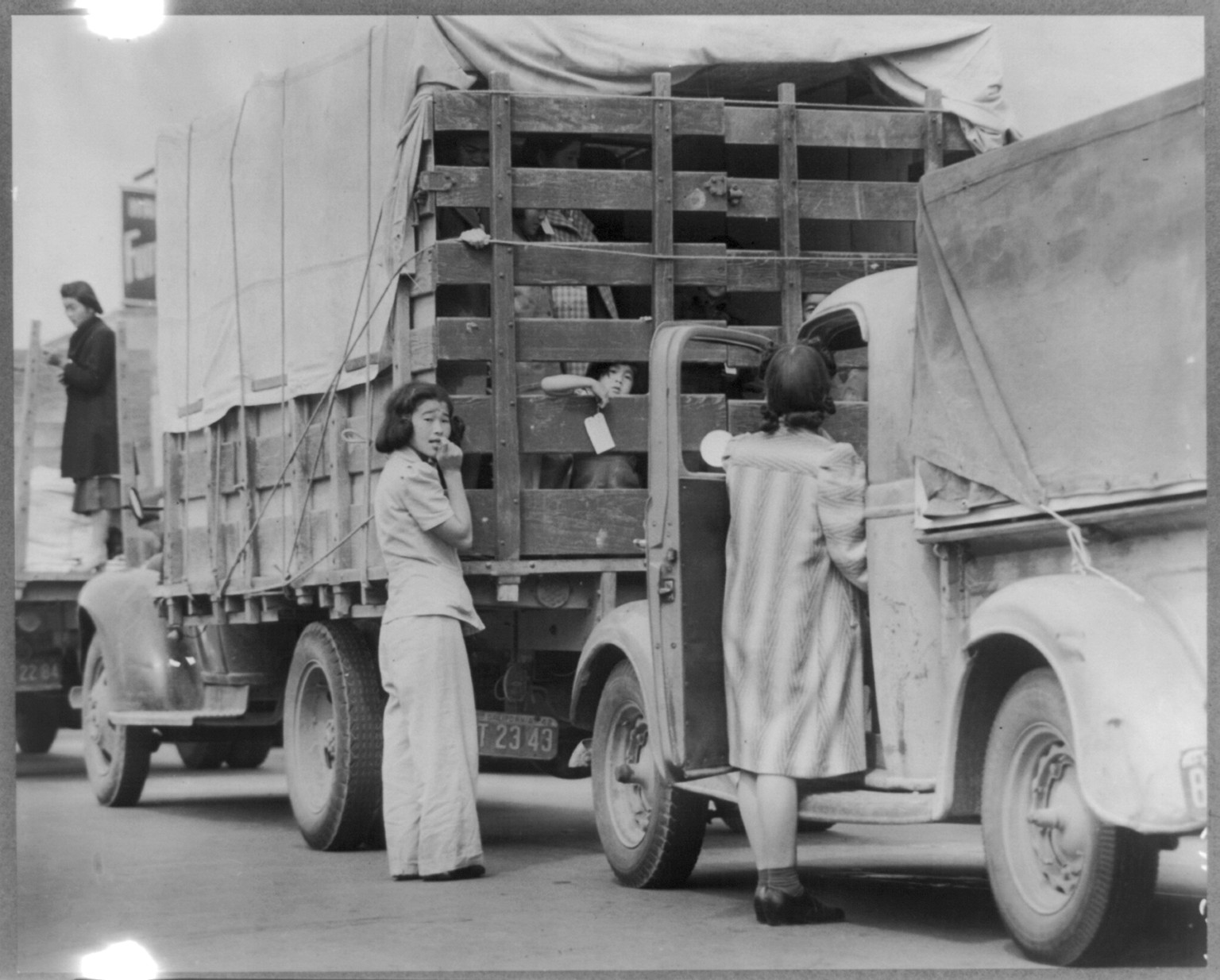 San Pedro, Calif. Apr. 1942. The last Redondo Beach residents of Japanese ancestry leaving by truck for relocation, 1942 April. — historic photograph