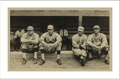 Red Sox players Ruth, Shore, Foster and Gainer seated in dugout