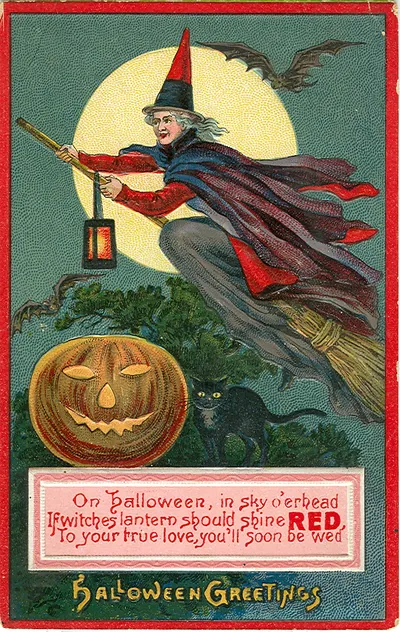 Halloween greetings postcard with witch, jack-o'-lantern and black cat