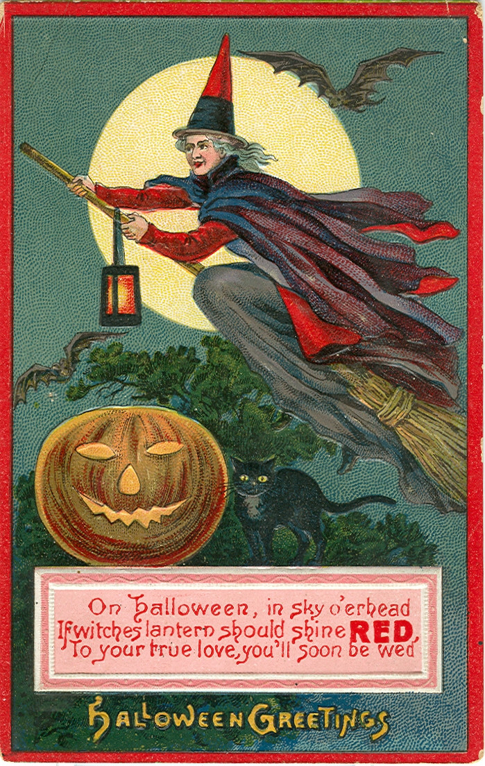 Halloween greetings postcard with witch, jack-o'-lantern and black cat — vintage postcard