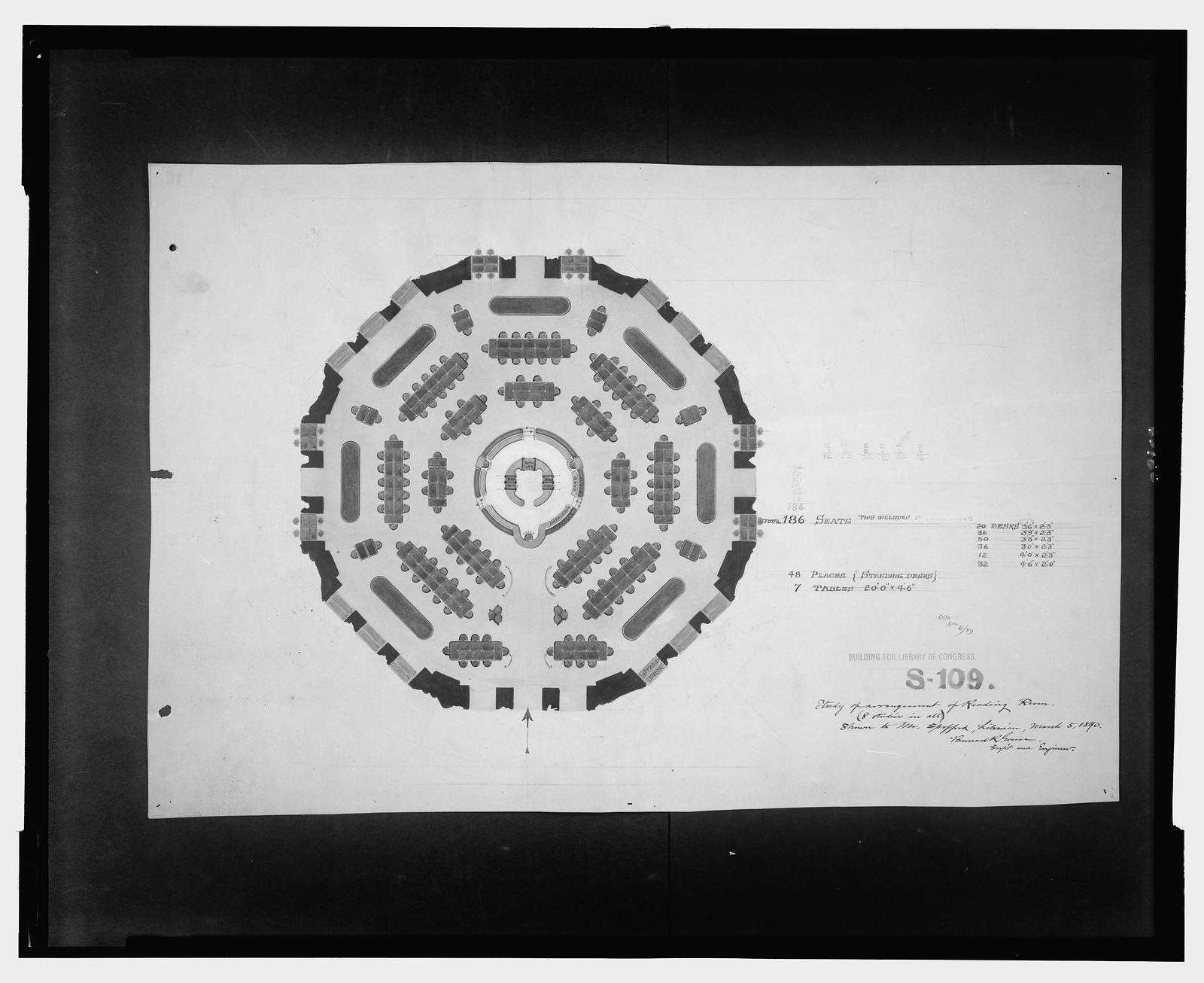[Library of Congress, Washington, D.C. Arrangement study of Reading Room], and Engineering (ADE) Drawings" (http://www.loc.gov/rr/print/res/103_ade.html)." — historic drawing
