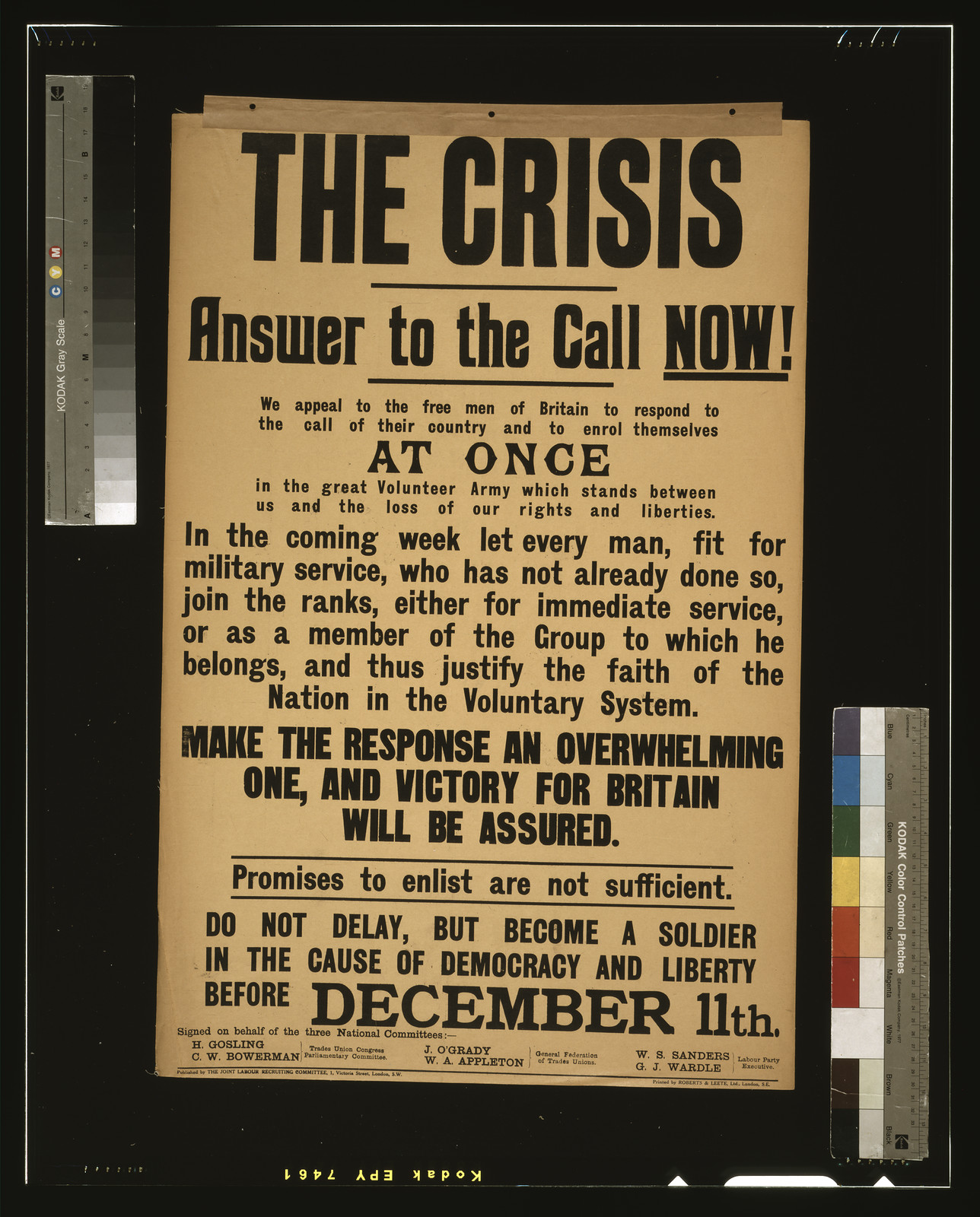 The crisis. Answer to the call now! [...] / printed by Roberts & Leete, Ltd., London, S.E., London : Joint Labor Recruiting Committee, [1915] — vintage poster