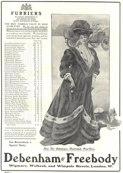 Debenham & Freebody furriers advertisement with woman in fur coat