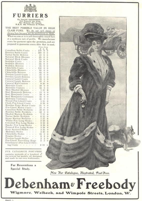 Debenham & Freebody furriers advertisement with woman in fur coat — historic image