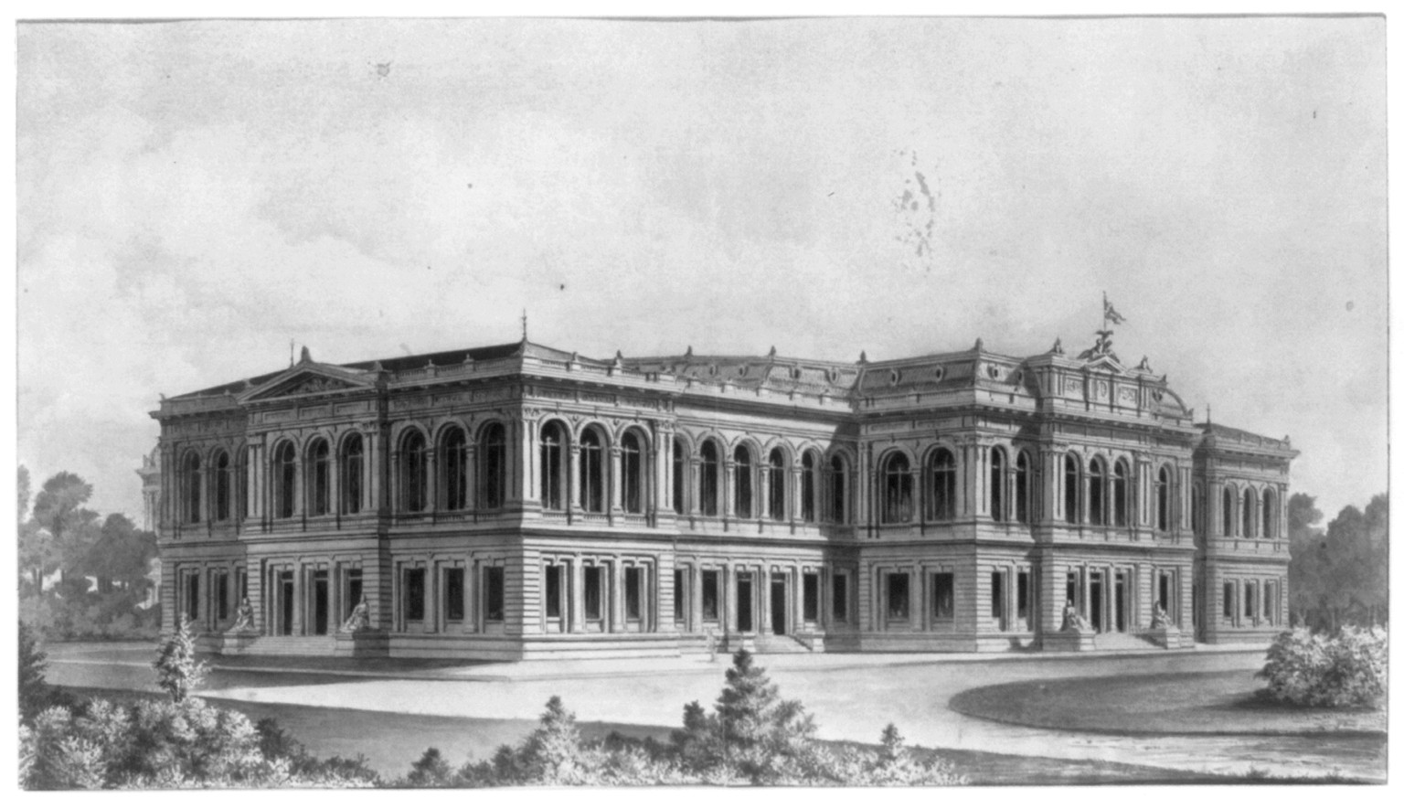 [Library of Congress, Washington, D.C. Front elevation perspective rendering], and Engineering (ADE) Drawings" (http://www.loc.gov/rr/print/res/103_ade.html)." — historic drawing