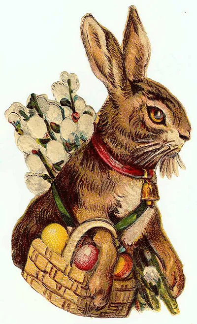 Rabbit with basket of eggs and pussy willow