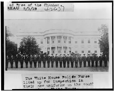 The White House police force lined up for inspection in their new uniforms on the south lawn of the White House