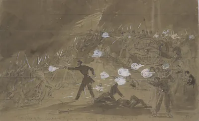 Attack of the Louisiana Tigers on a battery of the 11th Corps / A.R. Waud.