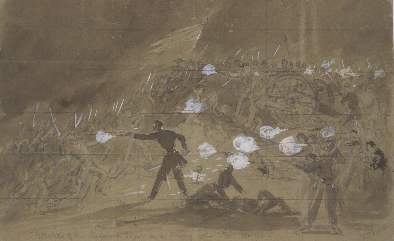 Attack of the Louisiana Tigers on a battery of the 11th Corps / A.R. Waud., [1863 July 2] — historic drawing