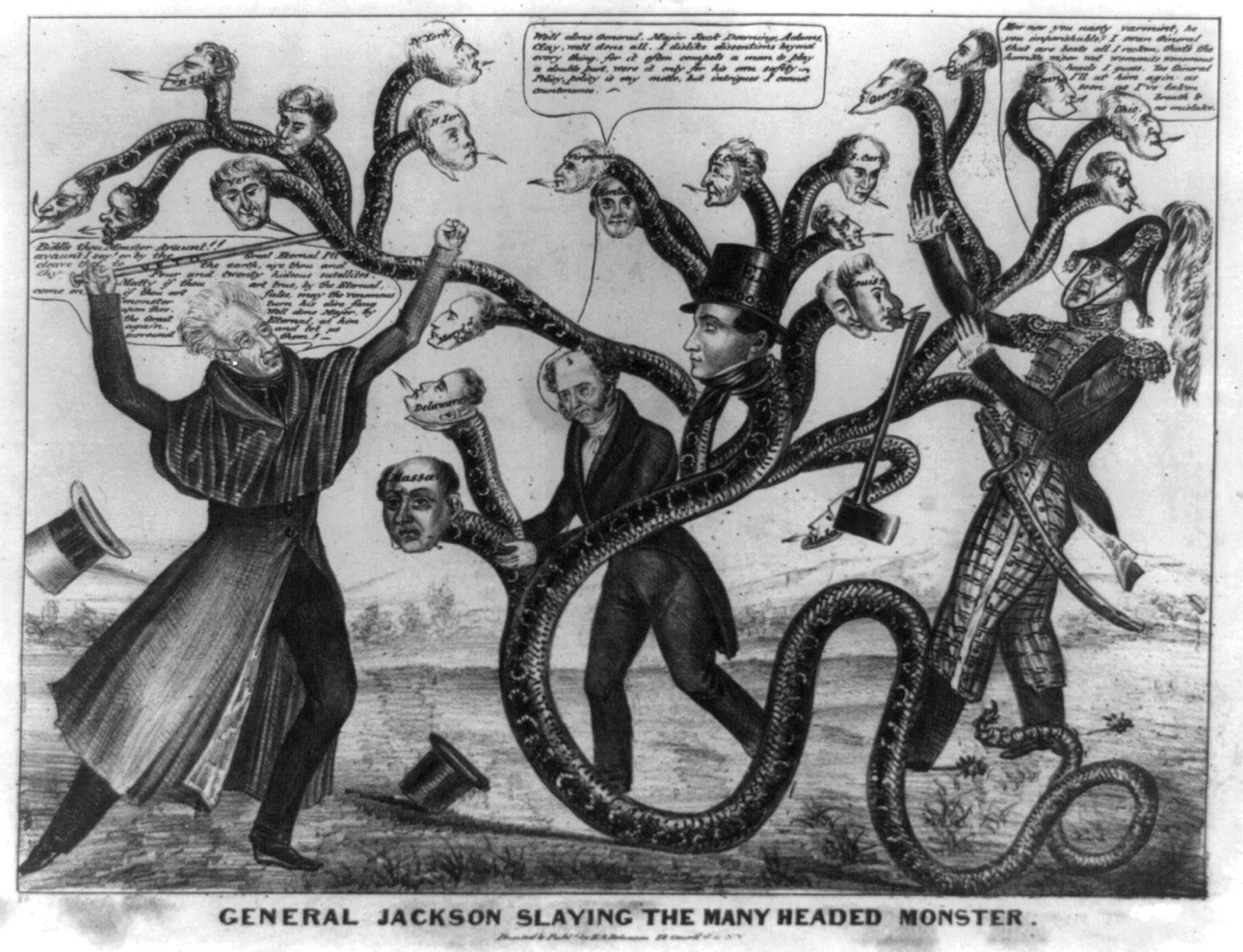 General Jackson slaying the many headed monster, N.Y. : Printed & publd. by H.R. Robinson, 1836. — antique lithograph