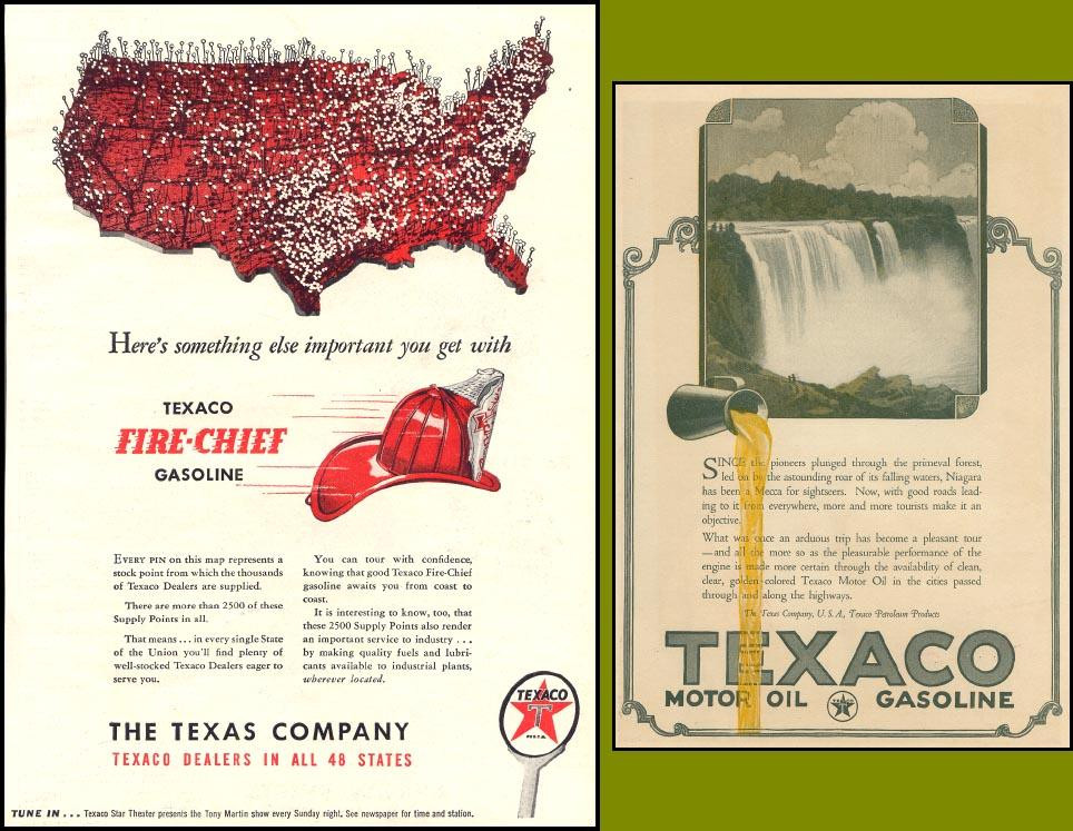 Texaco Fire-Chief and Texaco Motor Oil gasoline advertisements — historic image